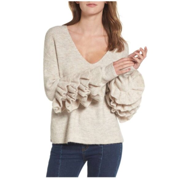BP Ruffle Sleeve Beige Tan V-Neck Sweater, Oversized, XL - Picture 1 of 8